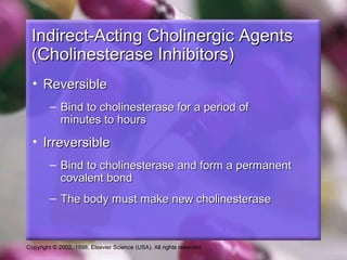 Copyright © 2002, 1998, Elsevier Science (USA). All rights reserved.
Indirect-Acting Cholinergic AgentsIndirect-Acting Cholinergic Agents
(Cholinesterase Inhibitors)(Cholinesterase Inhibitors)
• ReversibleReversible
– Bind to cholinesterase for a period ofBind to cholinesterase for a period of
minutes to hoursminutes to hours
• IrreversibleIrreversible
– Bind to cholinesterase and form a permanentBind to cholinesterase and form a permanent
covalent bondcovalent bond
– The body must make new cholinesteraseThe body must make new cholinesterase
 