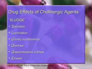 Copyright © 2002, 1998, Elsevier Science (USA). All rights reserved.
Drug Effects of Cholinergic AgentsDrug Effects of Cholinergic Agents
““SLUDGE”SLUDGE”
• SSalivationalivation
• LLacrimationacrimation
• UUrinary incontinencerinary incontinence
• DDiarrheaiarrhea
• GGastrointestinal crampsastrointestinal cramps
• EEmesismesis
 