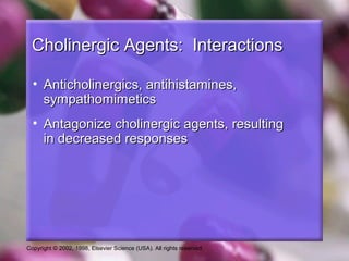 Copyright © 2002, 1998, Elsevier Science (USA). All rights reserved.
Cholinergic Agents: InteractionsCholinergic Agents: Interactions
• Anticholinergics, antihistamines,Anticholinergics, antihistamines,
sympathomimeticssympathomimetics
• Antagonize cholinergic agents, resultingAntagonize cholinergic agents, resulting
in decreased responsesin decreased responses
 