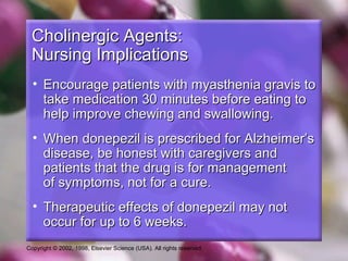 Copyright © 2002, 1998, Elsevier Science (USA). All rights reserved.
Cholinergic Agents:Cholinergic Agents:
Nursing ImplicationsNursing Implications
• Encourage patients with myasthenia gravis toEncourage patients with myasthenia gravis to
take medication 30 minutes before eating totake medication 30 minutes before eating to
help improve chewing and swallowing.help improve chewing and swallowing.
• When donepezil is prescribed for Alzheimer’sWhen donepezil is prescribed for Alzheimer’s
disease, be honest with caregivers anddisease, be honest with caregivers and
patients that the drug is for managementpatients that the drug is for management
of symptoms, not for a cure.of symptoms, not for a cure.
• Therapeutic effects of donepezil may notTherapeutic effects of donepezil may not
occur for up to 6 weeks.occur for up to 6 weeks.
 