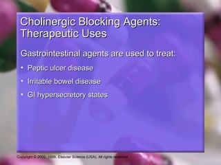 Copyright © 2002, 1998, Elsevier Science (USA). All rights reserved.
Cholinergic Blocking Agents:Cholinergic Blocking Agents:
Therapeutic UsesTherapeutic Uses
Gastrointestinal agents are used to treat:Gastrointestinal agents are used to treat:
• Peptic ulcer diseasePeptic ulcer disease
• Irritable bowel diseaseIrritable bowel disease
• GI hypersecretory statesGI hypersecretory states
 