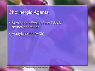 Copyright © 2002, 1998, Elsevier Science (USA). All rights reserved.
Cholinergic AgentsCholinergic Agents
• Mimic the effects of the PSNSMimic the effects of the PSNS
neurotransmitterneurotransmitter
• Acetylcholine (ACh)Acetylcholine (ACh)
 