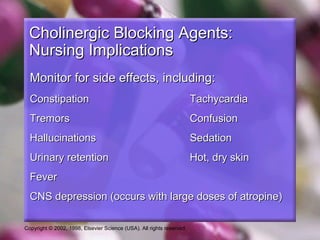 Copyright © 2002, 1998, Elsevier Science (USA). All rights reserved.
Cholinergic Blocking Agents:Cholinergic Blocking Agents:
Nursing ImplicationsNursing Implications
Monitor for side effects, including:Monitor for side effects, including:
ConstipationConstipation TachycardiaTachycardia
TremorsTremors ConfusionConfusion
HallucinationsHallucinations SedationSedation
Urinary retentionUrinary retention Hot, dry skinHot, dry skin
FeverFever
CNS depression (occurs with large doses of atropine)CNS depression (occurs with large doses of atropine)
 