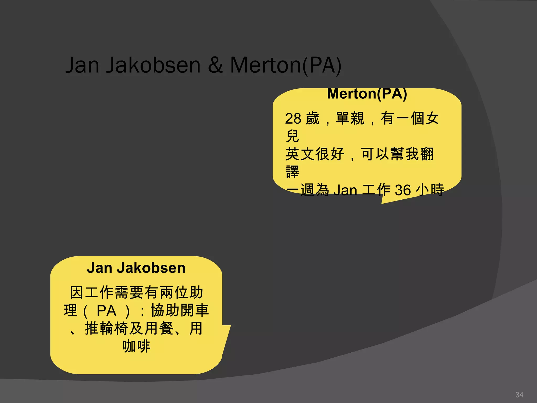 Jan Jakobsen & Merton(PA) Merton(PA) 28 歲，單親，有一個女兒 英文很好，可以幫我翻譯 一週為 Jan 工作 36 小時 Jan Jakobsen 因工作需要有兩位助理（ PA ）：協助開車、推輪椅及用餐、用咖啡 