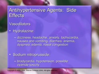 Copyright © 2002, 1998, Elsevier Science (USA). All rights reserved.
Antihypertensive Agents: SideAntihypertensive Agents: Side
EffectsEffects
VasodilatorsVasodilators
• Hydralazine:Hydralazine:
– dizziness, headache, anxiety, tachycardia,dizziness, headache, anxiety, tachycardia,
nausea and vomiting, diarrhea, anemia,nausea and vomiting, diarrhea, anemia,
dyspnea, edema, nasal congestiondyspnea, edema, nasal congestion
• Sodium nitroprusside:Sodium nitroprusside:
– bradycardia, hypotension, possiblebradycardia, hypotension, possible
cyanide toxicitycyanide toxicity
 