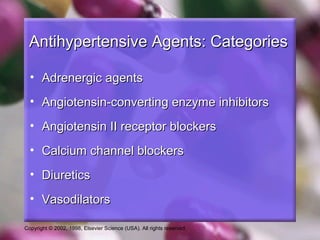 Copyright © 2002, 1998, Elsevier Science (USA). All rights reserved.
Antihypertensive Agents: CategoriesAntihypertensive Agents: Categories
• Adrenergic agentsAdrenergic agents
• Angiotensin-converting enzyme inhibitorsAngiotensin-converting enzyme inhibitors
• Angiotensin II receptor blockersAngiotensin II receptor blockers
• Calcium channel blockersCalcium channel blockers
• DiureticsDiuretics
• VasodilatorsVasodilators
 