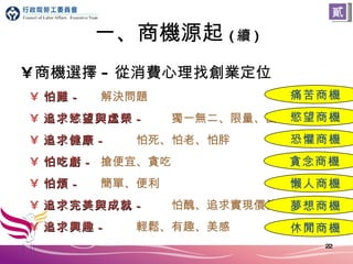 一、商機源起 ( 續 ) 商機選擇 - 從消費心理找創業定位 怕難 -   解決問題 追求慾望與虛榮 -  獨一無二、限量、面子 追求健康 -  怕死、怕老、怕胖 怕吃虧 -  搶便宜、貪吃 怕煩 - 簡單、便利 追求完美與成就 -  怕醜、追求實現價值 追求興趣 -   輕鬆 、 有趣 、 美感 貳 痛苦商機 懶人商機 慾望商機 休閒商機 恐懼商機 貪念商機 夢想商機 