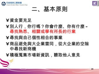 二、基本原則 資金要充足 別人行，你行嗎？你會什麼、你有什麼 - 尋找熟悉、相關或學有所長的行業 尋找與自己個性相合的事業 商品避免與大企業雷同，從大企業的空隙中尋找新商機 積極蒐集市場新資訊，聽取他人意見 貳 