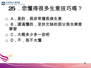 25 ．您懂得很多生意技巧嗎？ □ Ａ . 是的，我非常擅長做生意 □ Ｂ . 還滿懂的，至於欠缺的部分我也樂意學習 □ Ｃ . 大概多少多一些吧 □ Ｄ . 不，我不太懂 