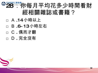 28 ．你每月平均花多少時間看財經相關雜誌或書籍？ □ Ａ .14 小時以上 □ Ｂ .6~13 小時左右 □ Ｃ . 偶而才翻 □ Ｄ . 完全沒有 