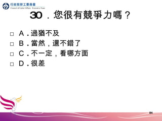 30 ．您很有競爭力嗎 ？ □ Ａ . 過猶不及 □ Ｂ . 當然，還不錯了 □ Ｃ . 不一定，看哪方面 □ Ｄ . 很差 
