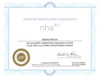 NHA Clinical Medical Assistant Certificate - Marisa Pinson