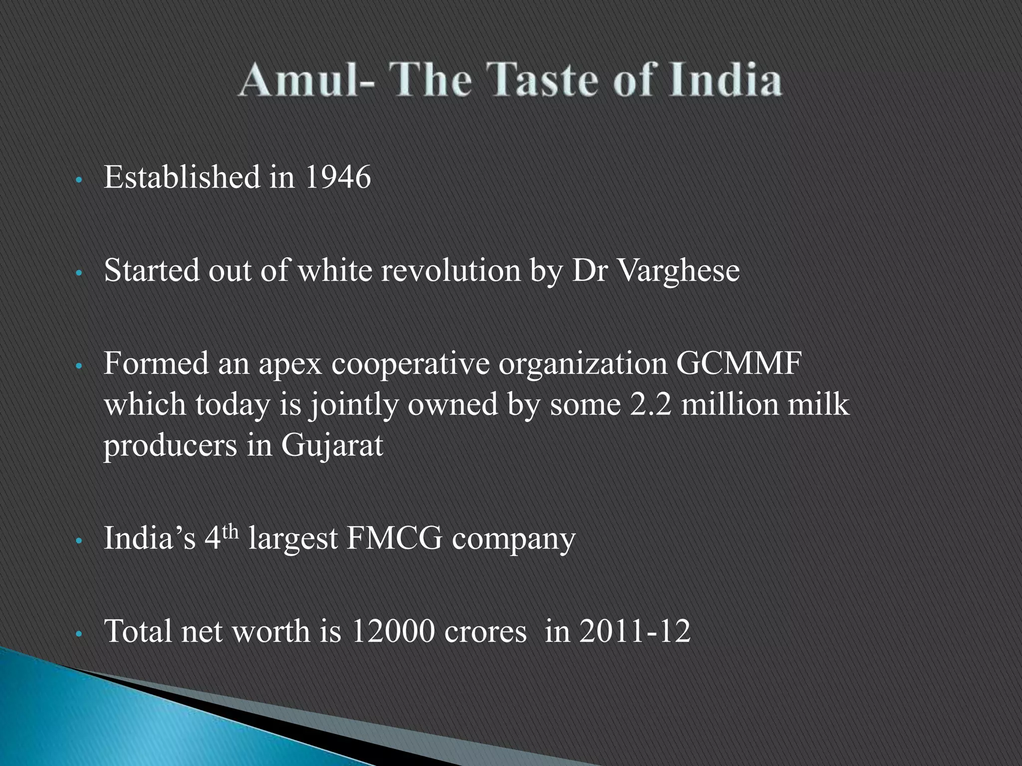 • Established in 1946
• Started out of white revolution by Dr Varghese
• Formed an apex cooperative organization GCMMF
which today is jointly owned by some 2.2 million milk
producers in Gujarat
• India’s 4th largest FMCG company
• Total net worth is 12000 crores in 2011-12
 