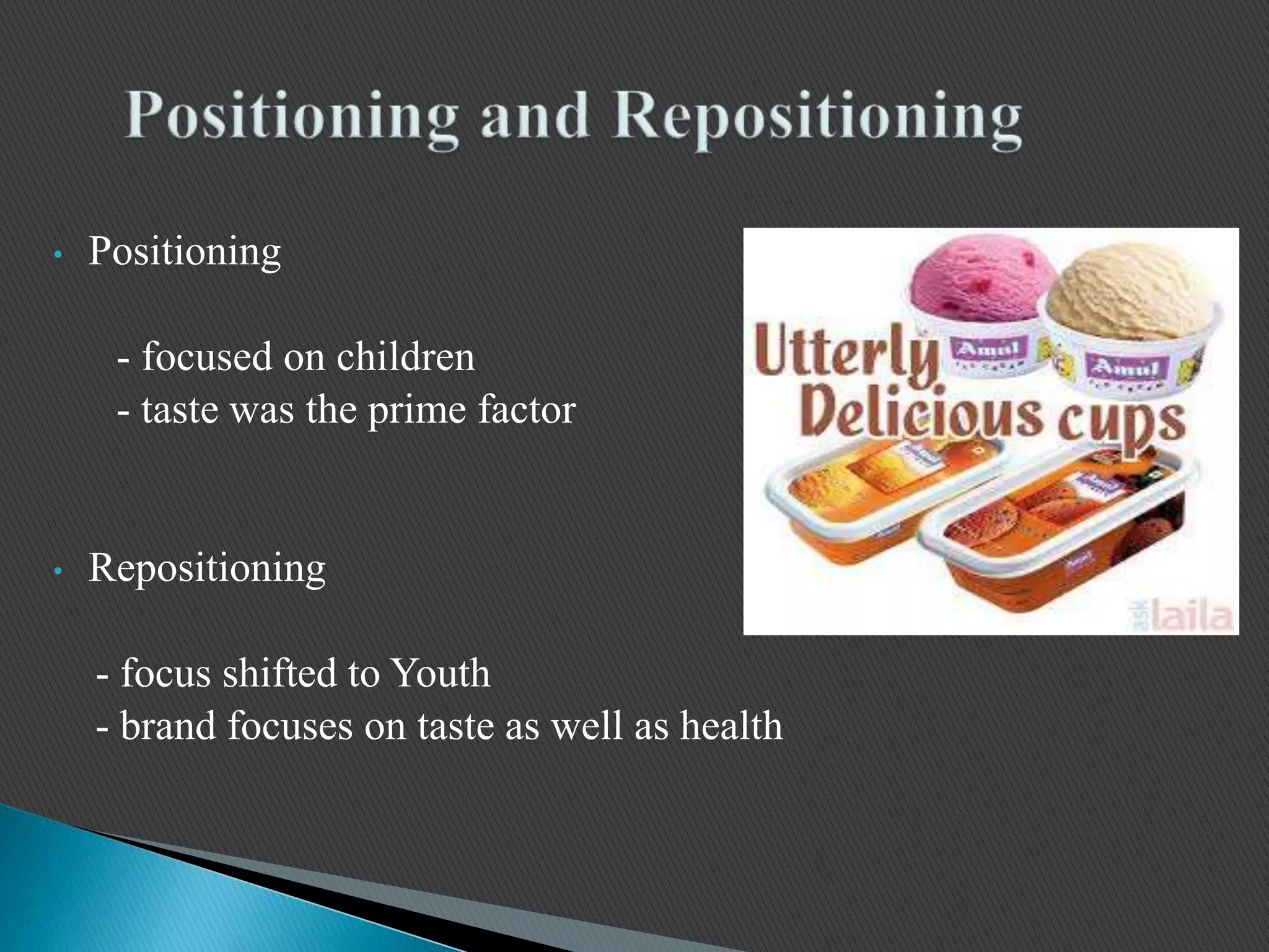 • Positioning
- focused on children
- taste was the prime factor
• Repositioning
- focus shifted to Youth
- brand focuses on taste as well as health
 