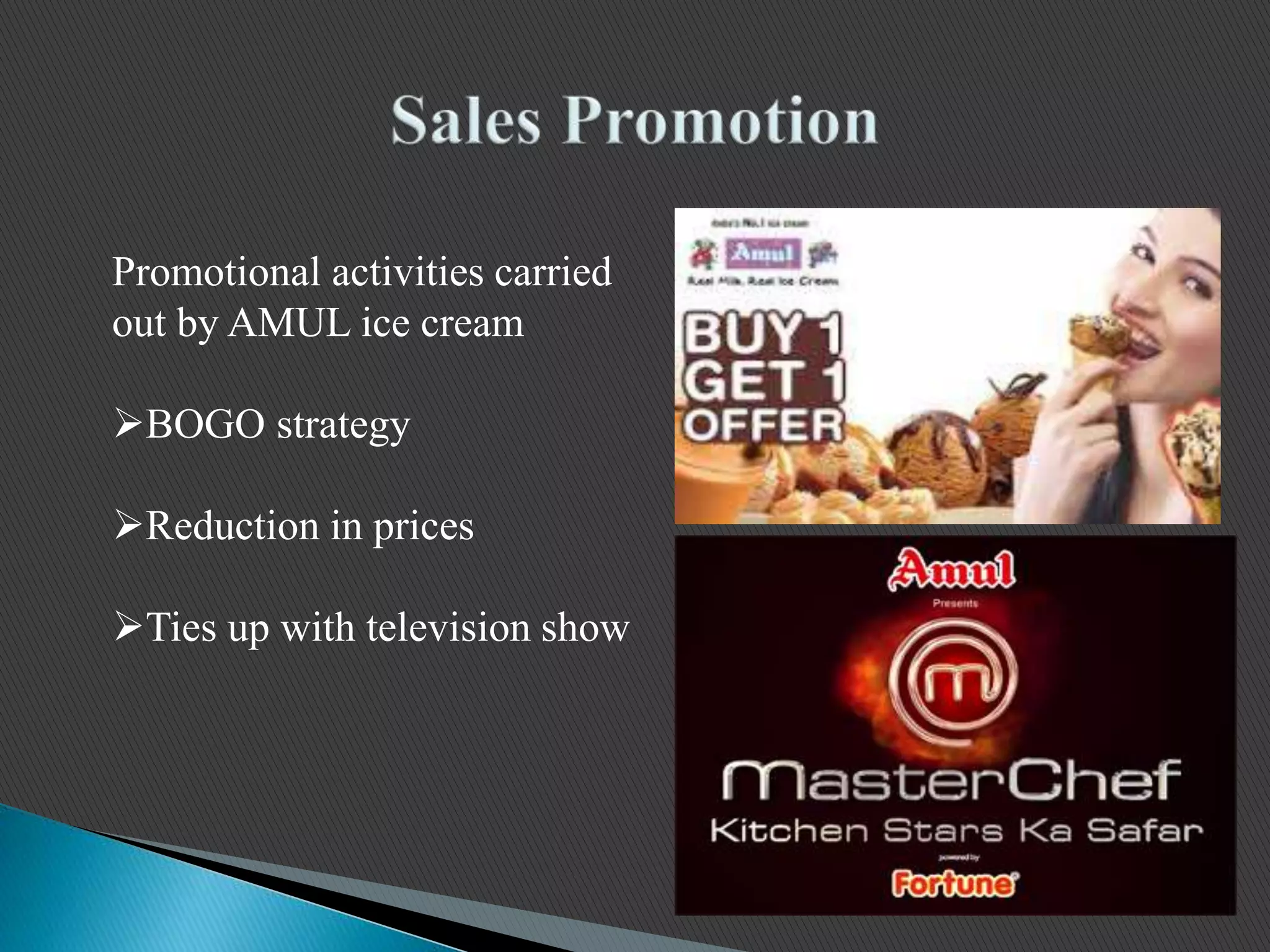 Promotional activities carried
out by AMUL ice cream
BOGO strategy
Reduction in prices
Ties up with television show
 
