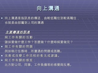 向上溝通   向上溝通是指訊息的傳送，由較低職位到較高職位， 也就是由部屬到上司的溝通  主要傳達的訊息 與工作有關的活動 ： 諸如要做什麼工作？怎麼做？什麼時候要做完？ 與工作有關的問題 ： 例如執行任務時，所遭遇的問題或困難。 改善或改變工作流程的看法或建議 。 與工作有關的感受 ： 比方對公司、同事、工作負擔等的感覺與反應。 