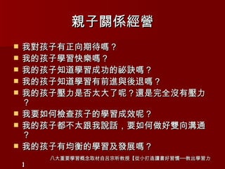 親子關係經營 我對孩子有正向期待嗎？ 我的孩子學習快樂嗎？ 我的孩子知道學習成功的祕訣嗎？ 我的孩子知道學習有前進與後退嗎？ 我的孩子壓力是否太大了呢？還是完全沒有壓力？ 我要如何檢查孩子的學習成效呢？ 我的孩子都不太跟我說話，要如何做好雙向溝通？ 我的孩子有均衡的學習及發展嗎？ 八大重要學習概念取材自呂宗昕教授【從小打造讀書好習慣──教出學習力】 