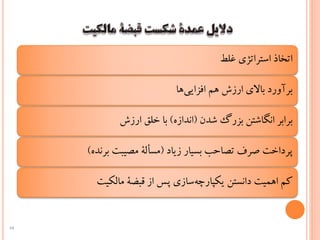 ‫اتخاذ‌استراتژی‌غلط‬
‫‌ها‬‫ی‬‫برآورد‌باالی‌ارزش‌هم‌افزای‬
‌‫برابر‌انگاشتن‌بزرگ‌شدن‬(‫اندازه‬‌)‫با‌خلق‌ارزش‬
‌‫پرداخت‌صرف‌تصاحب‌بسیار‌زیاد‬(‫مسألة‌مصیبت‌برنده‬)
‫‌سازی‌پس‌از‌قبضة‌مالکیت‬‫ه‬‫کم‌اهمیت‌دانستن‌یکپارچ‬
54
 