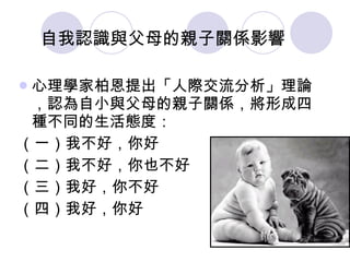 自我認識與父母的親子關係影響 心理學家柏恩提出「人際交流分析」理論，認為自小與父母的親子關係，將形成四種不同的生活態度： （一）我不好，你好 （二）我不好，你也不好 （三）我好，你不好 （四）我好，你好 