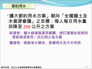 「 擴大節約用水方案」朝向「全國國土及水資源會議」之目標：每人每日用水量回降至 250 公升之方案 新建物：擴大綠建築適用範圍、修訂建築技術規則使新建須使用一定比例之省水器 舊建物：換裝省水器材、推廣雨水及中水利用 資料來源：多元化水資源經營管理方案總報告 節約用水 