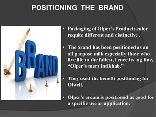 POSITIONING THE BRAND
• Packaging of Olper’s Products color
requite different and distinctive .
• The brand has been positioned as an
all purpose milk especially those who
live life to the fullest, hence its tag line,
“Olper’s mera intikhab.”
• They used the benefit positioning for
Olwell.
• Olper’s cream is positioned as good for
a specific use or application.
 