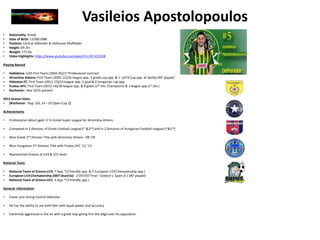Vasileios Apostolopoulos
• Nationality: Greek
• Date of Birth: 13/08/1988
• Position: Central Defender & Defensive Midfielder
• Height: 6ft 3in
• Weight: 175 lbs
• Video Highlights: https://www.youtube.com/watch?v=3IT-iCk1Vi8
Playing Record
• Halkidona: U20-First Team (2004-05)/1st Professional contract
• Atromitos Athens: First Team (2005-11)/31 league app.-2 greek cup app. & 1 UEFA Cup app. at Sevilla (90’ played)
• Videoton FC: First Team (2011-12)/15 league app.-1 goal & 2 hungarian cup app.
• Puskas AFC: First Team (2012-14)/26 league app. & 8 goals (2nd div.-Champions) & 1 league app.(1st div.)
• Rochester: Mar 2015-present
2015 Season Stats:
• (Rochester: App. USL 14 – US Open Cup 2)
Achievements
• Professional debut aged 17 in Greek Super League for Atromitos Athens.
• Competed in 2 divisions of Greek Football League(1st &2nd) and in 2 Divisions of Hungarian Football League(1st&2nd)
• Won Greek 2nd Division Title with Atromitos Athens ‘08-’09
• Won Hungarian 2nd Division Title with Puskas AFC ‘12-’13
• Represented Greece at U19 & U21 level.
National Team
• National Team of Greece U19: 7 App. *(2 friendly app. & 5 European U19 Championship app.)
• European U19 Championship 2007 (Austria): 27/07/07 Final – Greece v. Spain 0:1 (90’ played)
• National Team of Greece U21: 3 App. *(3 friendly app.)
General Information
• Clever and strong Central Defender .
• He has the ability to use both feet with equal power and accuracy.
• Extremely aggressive in the air with a great leap giving him the edge over his opposition.
 