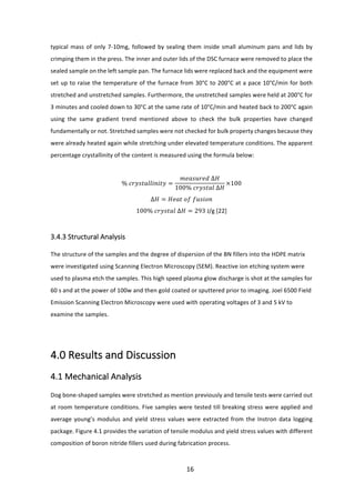 16	
typical	mass	of	only	7-10mg,	followed	by	sealing	them	inside	small	aluminum	pans	and	lids	by	
crimping	them	in	the	press.	The	inner	and	outer	lids	of	the	DSC	furnace	were	removed	to	place	the	
sealed	sample	on	the	left	sample	pan.	The	furnace	lids	were	replaced	back	and	the	equipment	were	
set	up	to	raise	the	temperature	of	the	furnace	from	30°C	to	200°C	at	a	pace	10°C/min	for	both	
stretched	and	unstretched	samples.	Furthermore,	the	unstretched	samples	were	held	at	200°C	for	
3	minutes	and	cooled	down	to	30°C	at	the	same	rate	of	10°C/min	and	heated	back	to	200°C	again	
using	 the	 same	 gradient	 trend	 mentioned	 above	 to	 check	 the	 bulk	 properties	 have	 changed	
fundamentally	or	not.	Stretched	samples	were	not	checked	for	bulk	property	changes	because	they	
were	already	heated	again	while	stretching	under	elevated	temperature	conditions.	The	apparent	
percentage	crystallinity	of	the	content	is	measured	using	the	formula	below:	
	
%	𝑐𝑟𝑦𝑠𝑡𝑎𝑙𝑙𝑖𝑛𝑖𝑡𝑦 =
𝑚𝑒𝑎𝑠𝑢𝑟𝑒𝑑	∆𝐻
100%	𝑐𝑟𝑦𝑠𝑡𝑎𝑙	∆𝐻
×100	
∆𝐻 = 𝐻𝑒𝑎𝑡	𝑜𝑓	𝑓𝑢𝑠𝑖𝑜𝑛	
100%	𝑐𝑟𝑦𝑠𝑡𝑎𝑙	∆𝐻 = 293	J/g	[22]	
	
3.4.3	Structural	Analysis	
	
The	structure	of	the	samples	and	the	degree	of	dispersion	of	the	BN	fillers	into	the	HDPE	matrix	
were	investigated	using	Scanning	Electron	Microscopy	(SEM).	Reactive	ion	etching	system	were	
used	to	plasma	etch	the	samples.	This	high	speed	plasma	glow	discharge	is	shot	at	the	samples	for	
60	s	and	at	the	power	of	100w	and	then	gold	coated	or	sputtered	prior	to	imaging.	Joel	6500	Field	
Emission	Scanning	Electron	Microscopy	were	used	with	operating	voltages	of	3	and	5	kV	to	
examine	the	samples.		
	
	
4.0	Results	and	Discussion	
4.1	Mechanical	Analysis	 	
	
Dog	bone-shaped	samples	were	stretched	as	mention	previously	and	tensile	tests	were	carried	out	
at	room	temperature	conditions.	Five	samples	were	tested	till	breaking	stress	were	applied	and	
average	young’s	modulus	and	yield	stress	values	were	extracted	from	the	Instron	data	logging	
package.	Figure	4.1	provides	the	variation	of	tensile	modulus	and	yield	stress	values	with	different	
composition	of	boron	nitride	fillers	used	during	fabrication	process.	
	
 