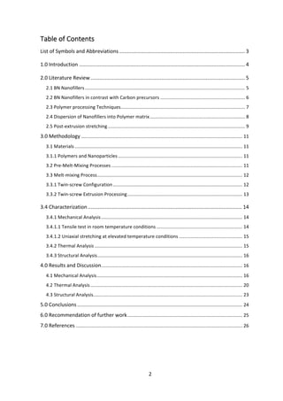 2	
Table	of	Contents	
List	of	Symbols	and	Abbreviations	.......................................................................................	3	
1.0	Introduction	...................................................................................................................	4	
2.0	Literature	Review	...........................................................................................................	5	
2.1	BN	Nanofillers	.........................................................................................................................	5	
2.2	BN	Nanofillers	in	contrast	with	Carbon	precursors	................................................................	6	
2.3	Polymer	processing	Techniques	..............................................................................................	7	
2.4	Dispersion	of	Nanofillers	into	Polymer	matrix	........................................................................	8	
2.5	Post-extrusion	stretching	........................................................................................................	9	
3.0	Methodology	..........................................................................................................................	11	
3.1	Materials	...............................................................................................................................	11	
3.1.1	Polymers	and	Nanoparticles	..............................................................................................	11	
3.2	Pre-Melt-Mixing	Processes	...................................................................................................	11	
3.3	Melt-mixing	Process	..............................................................................................................	12	
3.3.1	Twin-screw	Configuration	..................................................................................................	12	
3.3.2	Twin-screw	Extrusion	Processing	.......................................................................................	13	
3.4	Characterization	...........................................................................................................	14	
3.4.1	Mechanical	Analysis	...........................................................................................................	14	
3.4.1.1	Tensile	test	in	room	temperature	conditions	.................................................................	14	
3.4.1.2	Uniaxial	stretching	at	elevated	temperature	conditions	................................................	15	
3.4.2	Thermal	Analysis	................................................................................................................	15	
3.4.3	Structural	Analysis	..............................................................................................................	16	
4.0	Results	and	Discussion	...........................................................................................................	16	
4.1	Mechanical	Analysis	..............................................................................................................	16	
4.2	Thermal	Analysis	...................................................................................................................	20	
4.3	Structural	Analysis	.................................................................................................................	23	
5.0	Conclusions	.............................................................................................................................	24	
6.0	Recommendation	of	further	work	.......................................................................................	25	
7.0	References	..............................................................................................................................	26	
	
 