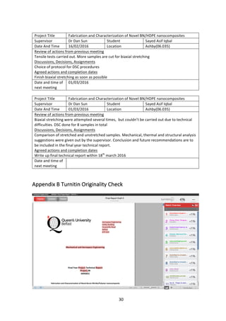 30	
	
Project	Title	 Fabrication	and	Characterization	of	Novel	BN/HDPE	nanocomposites	
Supervisor	 Dr	Dan	Sun	 Student	 Sayed	Asif	Iqbal	
Date	And	Time	 16/02/2016	 Location	 Ashby(06.035)	
Review	of	actions	from	previous	meeting	
Tensile	tests	carried	out.	More	samples	are	cut	for	biaxial	stretching	
Discussions,	Decisions,	Assignments	
Choice	of	protocol	for	DSC	procedures	
Agreed	actions	and	completion	dates	
Finish	biaxial	stretching	as	soon	as	possible		
Date	and	time	of	
next	meeting	
01/03/2016	
	
Project	Title	 Fabrication	and	Characterization	of	Novel	BN/HDPE	nanocomposites	
Supervisor	 Dr	Dan	Sun	 Student	 Sayed	Asif	Iqbal	
Date	And	Time	 01/03/2016	 Location	 Ashby(06.035)	
Review	of	actions	from	previous	meeting	
Biaxial	stretching	were	attempted	several	times,		but	couldn’t	be	carried	out	due	to	technical	
difficulties.	DSC	done	for	8	samples	in	total	
Discussions,	Decisions,	Assignments	
Comparison	of	stretched	and	unstretched	samples.	Mechanical,	thermal	and	structural	analysis	
suggestions	were	given	out	by	the	supervisor.	Conclusion	and	future	recommendations	are	to	
be	included	in	the	final	year	technical	report.		
Agreed	actions	and	completion	dates	
Write	up	final	technical	report	within	18th
	march	2016		
Date	and	time	of	
next	meeting	
	
	
	
Appendix	B	Turnitin	Originality	Check	
	
	
 