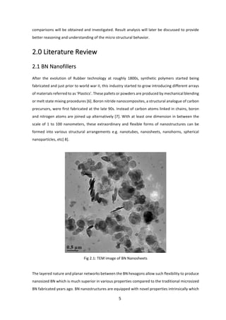 5	
comparisons	will	be	obtained	and	investigated.	Result	analysis	will	later	be	discussed	to	provide	
better	reasoning	and	understanding	of	the	micro	structural	behavior.	
2.0	Literature	Review	
	
2.1	BN	Nanofillers	
	
After	 the	 evolution	 of	 Rubber	 technology	 at	 roughly	 1800s,	 synthetic	 polymers	 started	 being	
fabricated	and	just	prior	to	world	war	II,	this	industry	started	to	grow	introducing	different	arrays	
of	materials	referred	to	as	‘Plastics’.	These	pallets	or	powders	are	produced	by	mechanical	blending	
or	melt	state	mixing	procedures	[6].	Boron	nitride	nanocomposites,	a	structural	analogue	of	carbon	
precursors,	were	first	fabricated	at	the	late	90s.	Instead	of	carbon	atoms	linked	in	chains,	boron	
and	nitrogen	atoms	are	joined	up	alternatively	[7].	With	at	least	one	dimension	in	between	the	
scale	of	1	to	100	nanometers,	these	extraordinary	and	flexible	forms	of	nanostructures	can	be	
formed	 into	 various	 structural	 arrangements	 e.g.	 nanotubes,	 nanosheets,	 nanohorns,	 spherical	
nanoparticles,	etc[	8].		
	
	
Fig	2.1:	TEM	image	of	BN	Nanosheets	
	
The	layered	nature	and	planar	networks	between	the	BN	hexagons	allow	such	flexibility	to	produce	
nanosized	BN	which	is	much	superior	in	various	properties	compared	to	the	traditional	microsized	
BN	fabricated	years	ago.	BN	nanostructures	are	equipped	with	novel	properties	intrinsically	which	
 
