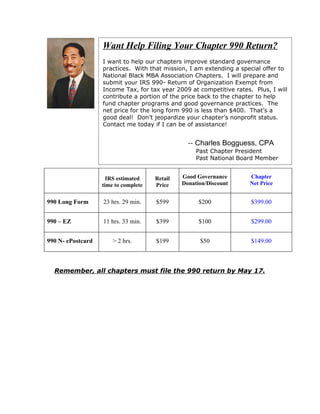 Want Help Filing Your Chapter 990 Return?
                    I want to help our chapters improve standard governance
                    practices. With that mission, I am extending a special offer to
                    National Black MBA Association Chapters. I will prepare and
                    submit your IRS 990- Return of Organization Exempt from
                    Income Tax, for tax year 2009 at competitive rates. Plus, I will
                    contribute a portion of the price back to the chapter to help
                   Want chapter the long form Chapter 990 Return?
                    fund
                         Help Filing Your 990 is governance practices. The
                    net price for
                                  programs and good
                                                       less than $400. That’s a
                    good deal! Don’t jeopardize your chapter’s nonprofit status.
                    Contact me today if I can be of assistance!


                                                  --   Charles Bogguess, CPA
                                                       Past Chapter President
                                                       Past National Board Member


                      IRS estimated    Retail   Good Governance         Chapter
                    time to complete   Price    Donation/Discount       Net Price


990 Long Form        23 hrs. 29 min.   $599            $200             $399.00


990 – EZ             11 hrs. 33 min.   $399            $100             $299.00


990 N- ePostcard        > 2 hrs.       $199             $50             $149.00



  Remember, all chapters must file the 990 return by May 17.
 