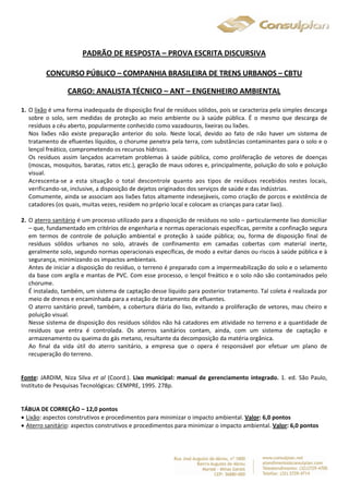 PADRÃO DE RESPOSTA – PROVA ESCRITA DISCURSIVA 
CONCURSO PÚBLICO – COMPANHIA BRASILEIRA DE TRENS URBANOS – CBTU 
CARGO: ANALISTA TÉCNICO – ANT – ENGENHEIRO AMBIENTAL 
1. O lixão é uma forma inadequada de disposição final de resíduos sólidos, pois se caracteriza pela simples descarga 
sobre o solo, sem medidas de proteção ao meio ambiente ou à saúde pública. É o mesmo que descarga de 
resíduos a céu aberto, popularmente conhecido como vazadouros, lixeiras ou lixões. 
Nos lixões não existe preparação anterior do solo. Neste local, devido ao fato de não haver um sistema de 
tratamento de efluentes líquidos, o chorume penetra pela terra, com substâncias contaminantes para o solo e o 
lençol freático, comprometendo os recursos hídricos. 
Os resíduos assim lançados acarretam problemas à saúde pública, como proliferação de vetores de doenças 
(moscas, mosquitos, baratas, ratos etc.), geração de maus odores e, principalmente, poluição do solo e poluição 
visual. 
Acrescenta‐se a esta situação o total descontrole quanto aos tipos de resíduos recebidos nestes locais, 
verificando‐se, inclusive, a disposição de dejetos originados dos serviços de saúde e das indústrias. 
Comumente, ainda se associam aos lixões fatos altamente indesejáveis, como criação de porcos e existência de 
catadores (os quais, muitas vezes, residem no próprio local e colocam as crianças para catar lixo). 
2. O aterro sanitário é um processo utilizado para a disposição de resíduos no solo – particularmente lixo domiciliar 
– que, fundamentado em critérios de engenharia e normas operacionais específicas, permite a confinação segura 
em termos de controle de poluição ambiental e proteção à saúde pública; ou, forma de disposição final de 
resíduos sólidos urbanos no solo, através de confinamento em camadas cobertas com material inerte, 
geralmente solo, segundo normas operacionais específicas, de modo a evitar danos ou riscos à saúde pública e à 
segurança, minimizando os impactos ambientais. 
Antes de iniciar a disposição do resíduo, o terreno é preparado com a impermeabilização do solo e o selamento 
da base com argila e mantas de PVC. Com esse processo, o lençol freático e o solo não são contaminados pelo 
chorume. 
É instalado, também, um sistema de captação desse líquido para posterior tratamento. Tal coleta é realizada por 
meio de drenos e encaminhada para a estação de tratamento de efluentes. 
O aterro sanitário prevê, também, a cobertura diária do lixo, evitando a proliferação de vetores, mau cheiro e 
poluição visual. 
Nesse sistema de disposição dos resíduos sólidos não há catadores em atividade no terreno e a quantidade de 
resíduos que entra é controlada. Os aterros sanitários contam, ainda, com um sistema de captação e 
armazenamento ou queima do gás metano, resultante da decomposição da matéria orgânica. 
Ao final da vida útil do aterro sanitário, a empresa que o opera é responsável por efetuar um plano de 
recuperação do terreno. 
Fonte: JARDIM, Niza Silva et al (Coord.). Lixo municipal: manual de gerenciamento integrado. 1. ed. São Paulo, 
Instituto de Pesquisas Tecnológicas: CEMPRE, 1995. 278p. 
TÁBUA DE CORREÇÃO – 12,0 pontos 
 Lixão: aspectos construtivos e procedimentos para minimizar o impacto ambiental. Valor: 6,0 pontos 
 Aterro sanitário: aspectos construtivos e procedimentos para minimizar o impacto ambiental. Valor: 6,0 pontos 
 
