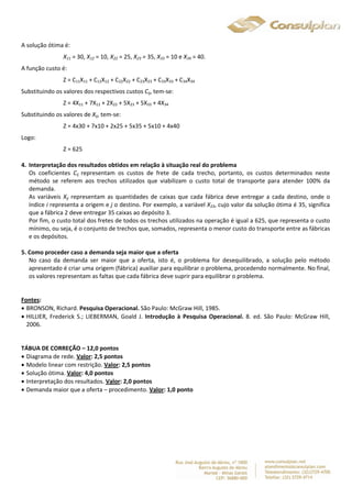 A solução ótima é: 
X11 = 30, X12 = 10, X22 = 25, X23 = 35, X33 = 10 e X34 = 40. 
A função custo é: 
Z = C11X11 + C12X12 + C22X22 + C23X23 + C33X33 + C34X34 
Substituindo os valores dos respectivos custos Cij, tem-se: 
Z = 4X11 + 7X12 + 2X22 + 5X23 + 5X33 + 4X34 
Substituindo os valores de Xij, tem-se: 
Z = 4x30 + 7x10 + 2x25 + 5x35 + 5x10 + 4x40 
Logo: 
Z = 625 
4. Interpretação dos resultados obtidos em relação à situação real do problema 
Os coeficientes Cij representam os custos de frete de cada trecho, portanto, os custos determinados neste 
método se referem aos trechos utilizados que viabilizam o custo total de transporte para atender 100% da 
demanda. 
As variáveis Xij representam as quantidades de caixas que cada fábrica deve entregar a cada destino, onde o 
índice i representa a origem e j o destino. Por exemplo, a variável X23, cujo valor da solução ótima é 35, significa 
que a fábrica 2 deve entregar 35 caixas ao depósito 3. 
Por fim, o custo total dos fretes de todos os trechos utilizados na operação é igual a 625, que representa o custo 
mínimo, ou seja, é o conjunto de trechos que, somados, representa o menor custo do transporte entre as fábricas 
e os depósitos. 
5. Como proceder caso a demanda seja maior que a oferta 
No caso da demanda ser maior que a oferta, isto é, o problema for desequilibrado, a solução pelo método 
apresentado é criar uma origem (fábrica) auxiliar para equilibrar o problema, procedendo normalmente. No final, 
os valores representam as faltas que cada fábrica deve suprir para equilibrar o problema. 
Fontes: 
 BRONSON, Richard. Pesquisa Operacional. São Paulo: McGraw Hill, 1985. 
 HILLIER, Frederick S.; LIEBERMAN, Goald J. Introdução à Pesquisa Operacional. 8. ed. São Paulo: McGraw Hill, 
2006. 
TÁBUA DE CORREÇÃO – 12,0 pontos 
 Diagrama de rede. Valor: 2,5 pontos 
 Modelo linear com restrição. Valor: 2,5 pontos 
 Solução ótima. Valor: 4,0 pontos 
 Interpretação dos resultados. Valor: 2,0 pontos 
 Demanda maior que a oferta – procedimento. Valor: 1,0 ponto 
 