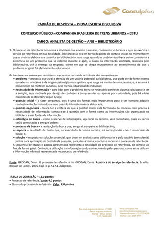 PADRÃO DE RESPOSTA – PROVA ESCRITA DISCURSIVA 
CONCURSO PÚBLICO – COMPANHIA BRASILEIRA DE TRENS URBANOS – CBTU 
CARGO: ANALISTA DE GESTÃO – ANG – BIBLIOTECÁRIO 
1. O processo de referência denomina a atividade que envolve o usuário, consulente, e durante a qual se executa o 
serviço de referência em sua totalidade. Este processo gira em torno do ponto de contato inicial, no momento em 
que o usuário elabora sua consulta ao bibliotecário, mas surge quando o usuário reconhece como consulente a 
existência de um problema que se estende durante, e após, a busca da informação solicitada, realizada pelo 
bibliotecário, até a entrega da resposta, ponto em que se chega mutuamente ao entendimento de que o 
problema original foi efetivamente solucionado. 
2. As etapas ou passos que constituem o processo normal de referência são compostas por: 
 problema – processo que atrai a atenção de um usuário potencial da biblioteca, que pode ser de fonte interna 
ou externa: a interna é de origem psicológica ou cognitiva, que surge na mente de uma pessoa; e, a externa é 
proveniente do contexto social ou, pelo menos, situacional do indivíduo; 
 necessidade de informação – para lidar com o problema torna-se necessário conhecer alguma coisa para se ter 
a solução, seja motivada por desejo de conhecer e compreender ou apenas por curiosidade, pois há várias 
maneiras de se descobrir o que deseja; 
 questão inicial – o fazer perguntas, pois é uma das formas mais importantes para o ser humano adquirir 
conhecimento, formulando-a como questão intelectualmente elaborada; 
 questão negociada – busca ter a certeza de que a questão inicial está formulada de maneira mais precisa à 
necessidade de informação, compara-se à questão com a forma como as informações são organizadas na 
biblioteca e nas fontes de informação; 
 estratégia de busca – como o acervo de informações, seja local ou remoto, será consultado, quais as partes 
serão consultadas e em que ordem; 
 processo de busca – a realização da busca que, em geral, compete ao bibliotecário; 
 resposta – resultado da busca que, se executado de forma correta, irá corresponder com o enunciado da 
busca; e, 
 solução – resposta ou solução potencial, que deve ser avaliada pelo bibliotecário e pelo usuário (consulente) 
juntos para aprovação do produto da pesquisa, para, dessa forma, concluir e encerrar o processo de referência. 
A sequência de etapas e passos apresentada representa a totalidade do processo de referência, do começo ao 
fim, de forma geral. Contudo, a utilização da informação ou do conhecimento pelas pessoas, como estas utilizam 
a informação, não está representada no processo de referência. 
Fonte: GROGAN, Denis. O processo de referência. In: GROGAN, Denis. A prática do serviço de referência. Brasília: 
Briquet de Lemos, 2005. Cap. 3, p. 51-54. Adaptado. 
TÁBUA DE CORREÇÃO – 12,0 pontos 
 Processo de referência. Valor: 4,0 pontos 
 Etapas do processo de referência. Valor: 8,0 pontos 
 