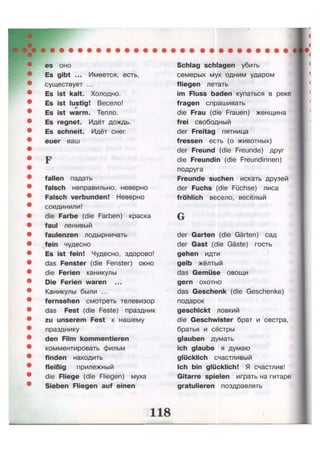 es оно
Es gibt ... Имеется, есть,
существует ...
Es ist kalt. Холодно.
Es ist lustig! Весело!
4Г
Es ist warm. Тепло.
Es regnet. Идёт дождь.
Es schneit. Идёт снег,
euer ваш
F
fallen падать
falsch неправильно, неверно
Falsch verbunden! Неверно
соединили!
die Farbe (die Farben) краска
faul ленивый
faulenzen лодырничать
fein чудесно
Es ist fein! Чудесно, здорово!
das Fenster (die Fenster) окно
die Ferien каникулы
Die Ferien waren ...
Каникулы были ...
fernsehen смотреть телевизор
das Fest (die Feste) праздник
zu unserem Fest к нашему
празднику
den Film kommentieren
комментировать фильм
finden находить
fleißig прилежный
die Fliege (die Fliegen) муха
Sieben Fliegen auf einen
Schlag schlagen убить
семерых мух одним ударом
fliegen летать
im Fluss baden купаться в реке
fragen спрашивать
die Frau (die Frauen) женщина
frei свободный
der Freitag пятница
fressen есть (о животных)
der Freund (die Freunde) друг
die Freundin (die Freundinnen)
подруга
Freunde suchen искать друзей
der Fuchs (die Füchse) лиса
fröhlich весело, весёлый
G
der Garten (die Gärten) сад
der Gast (die Gäste) гость
gehen идти
gelb жёлтый
das Gemüse овощи
gern охотно
das Geschenk (die Geschenke)
подарок
geschickt ловкий
die Geschwister брат и сестра,
братья и сёстры
glauben думать
ich glaube я думаю
glücklich счастливый
Ich bin glücklich! Я счастлив!
Gitarre spielen играть на гитаре
gratulieren поздравлять
 