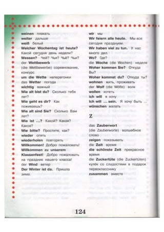 weinen плакать
weiter дальше
weiß белый
Welcher Wochentag ist heute?
Какой сегодня день недели?
Wessen? ' Чей? Чья? Чьё? Чьи?
der Wettbewerb
(die Wettbewerbe) соревнование,
конкурс
um die Wette наперегонки
das Wetter погода
wichtig важный
Wie alt bist du? Сколько тебе
лет?
Wie geht es dir? Как
поживаешь?
Wie alt sind Sie? Сколько Вам
лет?
Wie ist ...? Какой? Какая?
Какое?
Wie bitte? Простите, как?
wieder опять
wiederholen повторять
Willkommen! Добро пожаловать!
Willkommen zu unserem
Klassenfest! Добро пожаловать
на праздник нашего класса!
der Wind ветер
Der Winter ist da. Пришла
зима.
wir мы
Wir feiern alle heute. Мы все
сегодня празднуем.
Wir haben viel zu tun. У нас
много дел.
Wo? Где?
die Woche (die Wochen) неделя
Woher kommen Sie? Откуда
Вы?
Woher kommst du? Откуда ты?
wohnen жить, проживать
der Wolf (die Wölfe) волк
wollen хотеть
ich will я хочу
Ich will ... sein. Я хочу быть ...
wünschen желать
z
das Zauberwort
(die Zauberworte) волшебное
слово
zeigen показывать
die Zeit время
die schönste Zeit прекрасное
время
die Zuckertüte (die Zuckertüten)
кулёк со сладостями в подарок
первокласснику
zusammen вместе
 