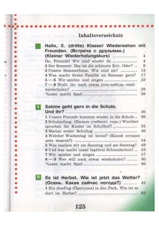 Inhaltsverzeichnis
Hallo, 3. (dritte) Klasse! Wiedersehen mit
Freunden. (Встреча с друзьями.)
(Kleiner Wiederholungskurs) 4
He, Freunde! Wir sind wieder da 4
2 Der Sommer. Das ist die schönste Zeit. Oder? .. 8
3 Unsere Sommerfotos. Wie sind sie? 13
4 Was macht Svens Familie im Sommer gern? 17
5 — 6 Wir spielen und singen 22
7 — 8 Wollt ihr noch etwas (что-нибудь ещё)
wiederholen? 28
*Lesen macht Spaß 28
Sabine geht gern in die Schule.
Und ihr? 30
1 Unsere Freunde kommen wieder in die Schule.. 30
2 Schulanfang. (Начало учебного года.) Worüber
sprechen die Kinder im Schulhof? 35
3 Marias erster Schultag 40
4 Welcher Wochentag ist heute? (Какой сегодня
день недели?) 44
5 Was machen wir am Samstag und am Sonntag? 49
6 Und was macht unser tapferes Schneiderlein? .. 53
7 Wir spielen und singen 57
8 — 9 Wer will noch etwas wiederholen? 60
*Lesen macht Spaß 60
I»
Es ist Herbst. Wie ist jetzt das Wetter?
(Осень. Какая сейчас погода?) 62
1 Ein Ausflug (Прогулка) in den Park. Wie ist es
dort im Herbst? 62
 