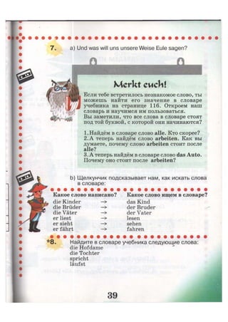 Какое слово написано?
die Kinder
die Brüder
die Väter
er liest
er sieht
er fährt
Какое слово ищем в словаре?
das Kind
der Bruder
der Vater
lesen
sehen
fahren
*8. Найдите в словаре учебника следующие слова:
die Hofdame
die Tochter
spricht
läufst
7. a) Und was will uns unsere Weise Eule sagen?
Merkt c u c h l
b) Щелкунчик подсказывает нам, как искать слова
в словаре:
Если тебе встретилось незнакомое слово, ты
можешь найти его значение в словаре
учебника на странице 116. Откроем наш
словарь и научимся им пользоваться.
Вы заметили, что все слова в словаре стоят
под той буквой, с которой они начинаются?
1. Найдём в словаре слово alle. Кто скорее?
2.А теперь найдём слово arbeiten. Как вы
думаете, почему слово arbeiten стоит после
alle?
3. А теперь найдём в словаре слово das Auto.
Почему оно стоит после arbeiten?
 