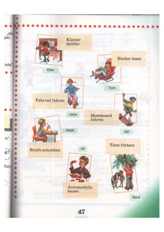 lule?
Skateboard
fahren
Tiere füttern
Fahrrad
Jana
Heidi
Briefe schreiben
Bücher lesen
Automodelle
bauen
Klavier
spielen
fahren
 