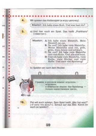 4. Wir spielen das Kettenspiel (в игру-цепочку).
— ~ — —— — —— — — — — — — — — — — — — — — — — — — — — — '
5- a) Und hier noch ein Spiel. Das heißt „Prahlhans"
(«хвастун»).
и--
— — — — — — — — — — — — — — — — — — — — —
i' Muster : A: Ich habe einen Bleistift. Mein
Bleistift ist rot.
B: Na und? Ich habe viele Bleistifte.
Meine Bleistifte sind rot, gelb,
grün, blau, braun und schwarz,
i C: Na und? Ich habe viele Bleistifte
und viele Kulis. Und alle sind bunt.
D: Und ich habe viele Bleistifte, viele
Kulis, viele Bücher und viele
v Hefte. Und noch viel Spielzeug! /
b) Spielen wir nach dem Muster.
Сравни: в русском языке: игрушка —
игрушки;
в немецком языке: das Spielzeug —
только единственное число.
Pixi will auch spielen. Sein Spiel heißt „Wer hat was?"
(«У кого что есть?»). Schaut auf das ßild. Könnt ihr
auch so spielen?
 