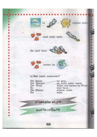 sind nicht mehr
scheint nicht.
Sie sind bunt:
Щ tanzen im
b) Was passt zusammen?
Die Sonne
Der Himmel
Der Wind
Es
Die Blätter
Sie
ist grau.
ist nicht mehr warm,
fallen und tanzen im Wind,
sind bunt,
scheint nicht,
weht.
П©ДВЕДЁМ ит©ги:
H A u S
a u f G * b e
 