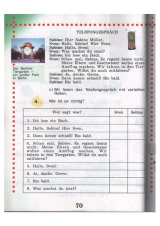 Der Berliner
iergarten —
in großer Park
Berlin
TELEFONGESPRÄCH
Sabine: Hier Sabine Müller.
Sven: Hallo, Sabine! Hier Sven.
Sabine: Hallo, Sven!
Sven: Was machst du jetzt?
Sabine: Ich lese ein Buch.
Sven: Schau mal, Sabine. Es regnet heute nicht.
Meine Eltern und Geschwister wollen einen
Ausflug machen. Wir fahren in den Tier-
garten. Willst du auch mitfahren?
Sabine: Ja, danke. Gerne.
Sven: Dann komm schnell! Bis bald.
Sabine: Bis bald.
c) Wir lesen das Telefongespräch mit verteilten
Rollen.
4. Wie ist es richtig?
Wer sagt was? Sven Sabine
1. Ich lese ein Buch.
2. Hallo, Sabine! Hier Sven.
3. Dann komm schnell! Bis bald.
1
4. Schau mal, Sabine. Es regnet heute
nicht. Meine Eltern und Geschwister
wollen einen Ausflug machen. Wir
fahren in den Tiergarten. Willst du auch
mitfahren?
5. Hallo, Sven!
6. Ja, danke. Gerne.
7. Bis bald.
8. Was machst du jetzt?
 