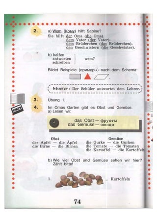 2. a) Wem (Кому) hilft Sabine?
Sie hilft der Oma (die Oma).
dem Vater (der Vater).
dem Brüderchen (das Brüderchen).
den Geschwistern (die Geschwister).
b) helfen
antworten
schreiben
wem?
Bildet Beispiele (примеры) nach dem Schema:
•
Muster: Der Schüler antwortet dem Lehrer.»
3- Übung 1.
4. Im Omas Garten gibt es Obst und Gemüse,
a) Lesen wir.
das Obst — фрукты
das Gemüse—овощи
Obst
der Apfel — die Äpfel
die Birne — die Birnen
Gemüse
die Gurke — die Gurken
die Tomate — die Tomaten
die Kartoffel — die Kartoffel
b) Wie viel Obst und Gemüse sehen wir hier?
Zählt bitte!
 