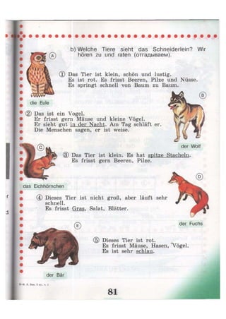 b) Welche Tiere sieht das Schneiderlein? Wir
hören zu und raten (отгадываем).
(!) Das Tier ist klein, schön und lustig.
Es ist rot. Es frisst Beeren, Pilze und Nüsse.
Es springt schnell von Baum zu Baum.
die Eule
Das ist ein Vogel.
Er frisst gern Mäuse und kleine Vögel.
Er sieht gut in der Nacht. Am Tag schläft er.
Die Menschen sagen, er ist weise.
der Fuchs
(5) Dieses Tier ist rot.
Es frisst Mäuse, Hasen, Vögel.
Es ist sehr schlau.
der Bär
6 - и . Л. Бим, 3 к л ч . 1
der Wolf
(3) Das Tier ist klein. Es hat spitze Stacheln.
Es frisst gern Beeren, Pilze.
das Eichhörnchen
(4) Dieses Tier ist nicht groß, aber läuft sehr
schnell.
Es frisst Gras, Salat, Blätter.
 