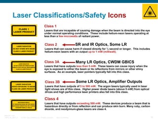 Laser Classifications/Safety Icons
Class 1
Lasers that are incapable of causing damage when the beam is directed into the eye
under normal operating conditions. These include helium-neon lasers operating at
less than a few microwatts of radiant power.

Class 2

SR and IR Optics, Some LR

Lasers that can cause harm if viewed directly for ¼ second or longer. This includes
helium-neon lasers with an output up to 1 mW (milliwatt).

Class 3A

Many LR Optics, CWDM GBICS

Lasers that have outputs less than 5 mW. These lasers can cause injury when the
eye is exposed to either the beam or its reflections from mirrors or other shiny
surfaces. As an example, laser pointers typically fall into this class.

Class 3B

Some LR Optics, Amplifier Outputs

Lasers that have outputs of 5 to 500 mW. The argon lasers typically used in laser
light shows are of this class. Higher power diode lasers (above 5 mW) from optical
drives and high performance laser printers also fall into this class.

Class 4
Lasers that have outputs exceeding 500 mW. These devices produce a beam that is
hazardous directly or from reflection and can produce skin burn. Many ruby, carbon
dioxide, and neodymium-glass lasers are class 4.
BRKOPT-1101
13814_05_2007_c1

© 2007 Cisco Systems, Inc. All rights reserved.

Cisco Confidential

16

 