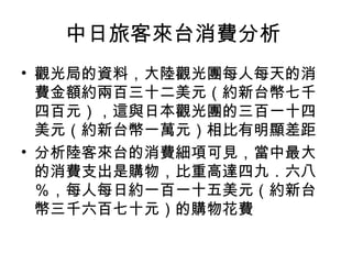 中日旅客來台消費分析  觀光局的資料，大陸觀光團每人每天的消費金額約兩百三十二美元（約新台幣七千四百元），這與日本觀光團的三百一十四美元（約新台幣一萬元）相比有明顯差距  分析陸客來台的消費細項可見，當中最大的消費支出是購物，比重高達四九．六八％，每人每日約一百一十五美元（約新台幣三千六百七十元）的購物花費  
