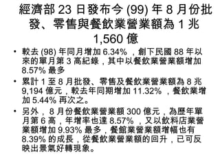 經濟部 23 日發布今 (99) 年 8 月份批發、零售與餐飲業營業額為 1 兆 1,560 億 較去 (98) 年同月增加 6.34% ，創下民國 88 年以來的單月第 3 高紀錄，其中以餐飲業營業額增加 8.57% 最多  累計 1 至 8 月批發、零售及餐飲業營業額為 8 兆 9,194 億元，較去年同期增加 11.32% ，餐飲業增加 5.44% 再次之。  另外， 8 月份餐飲業營業額 300 億元，為歷年單月第 6 高，年增率也達 8.57% ，又以飲料店業營業額增加 9.93% 最多，餐館業營業額增幅也有 8.39% 的成長，從餐飲業營業額的回升，已可反映出景氣好轉現象。  