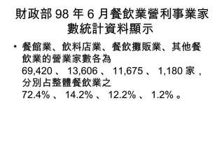 財政部 98 年 6 月餐飲業營利事業家數統計資料顯示  餐館業、飲料店業、餐飲攤販業、其他餐飲業的營業家數各為 69,420 、 13,606 、 11,675 、 1,180 家，分別占整體餐飲業之 72.4% 、 14.2% 、 12.2% 、 1.2% 。  