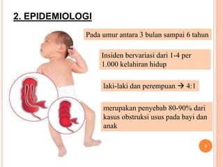 2. EPIDEMIOLOGI
3
Pada umur antara 3 bulan sampai 6 tahun
Insiden bervariasi dari 1-4 per
1.000 kelahiran hidup
laki-laki dan perempuan  4:1
merupakan penyebab 80-90% dari
kasus obstruksi usus pada bayi dan
anak
 