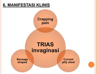 6. MANIFESTASI KLINIS
7
TRIAS
invaginasi
Crapping
pain
Currant
jelly stool
Sausage
shaped
 